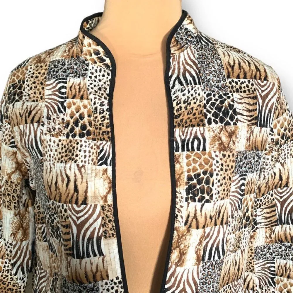 Vintage‎ 90s Collarless Blazer Jacket Ecru Patchwork Quilted Zebra Animal Print